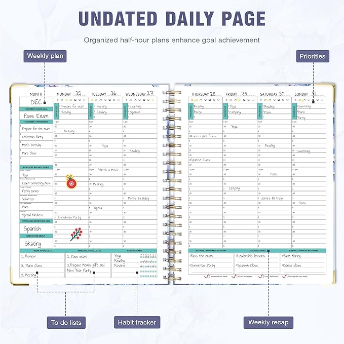 Ospelelf Spiral Undated Daily Planner 8.5 x 11, Weekly Monthly Teacher Academic Yearly 2025-2026, Purple