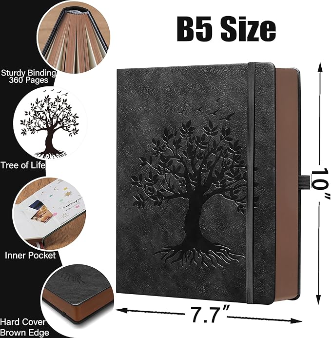 ZXHQ Thick Lined Journal Notebook with Pen, 360 Pages 100gsm Paper, Brown Sprayed Edge, Journal for Writing B5 Ruled Notebook,Leather Hardcover,Perfect for Work, Office or School, 7.8'' x 10'' Black
