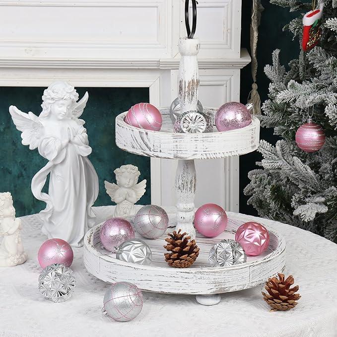 100ct Pink and Silver Christmas Ornaments Set, Shatterproof Christmas Decorations for Tree Plastic Xmas Ball Ornaments with Assortment of Designs and Size for Holiday Party Decor (Pink & Silver)
