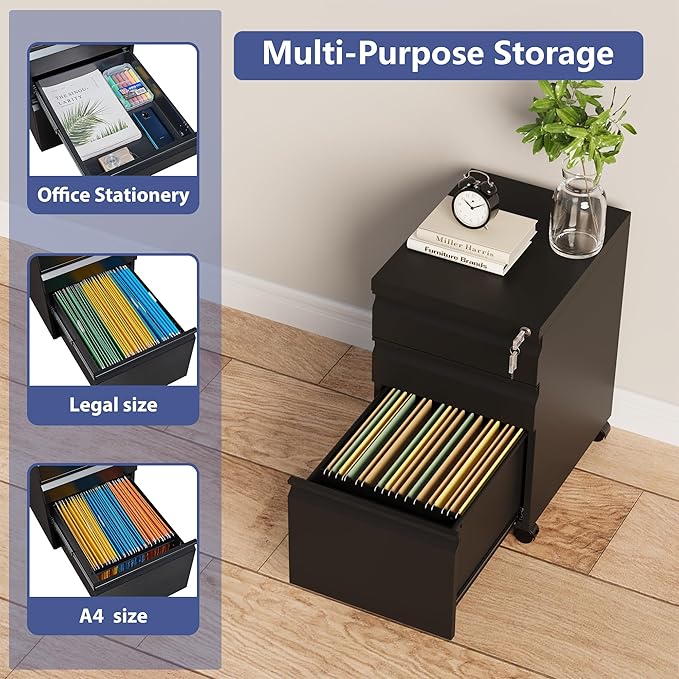 Rolling File Cabinet with Lock, 3 Drawer Metal Mobile Filing Cabinet Legal/Letter Size, Fully Assembled Except Casters, Black