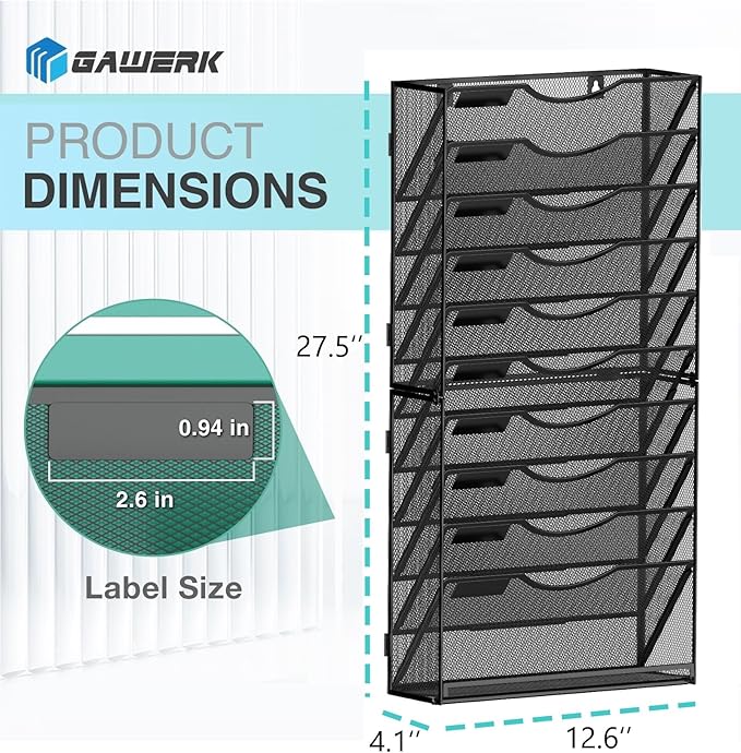 11-Tier Wall File Organizer Hanging Wall File Holder Wall Mount Paper Folder Organize, Mesh Magazine Document Mail Organizer Wall Organizer for Office School Home, Black