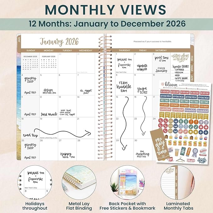 bloom daily planners 2026 Planner (January - December) Calendar Year Organizer - 5.5” x 8.25” - Weekly & Monthly Agenda Book with Stickers & Bookmark - Coastal Calm