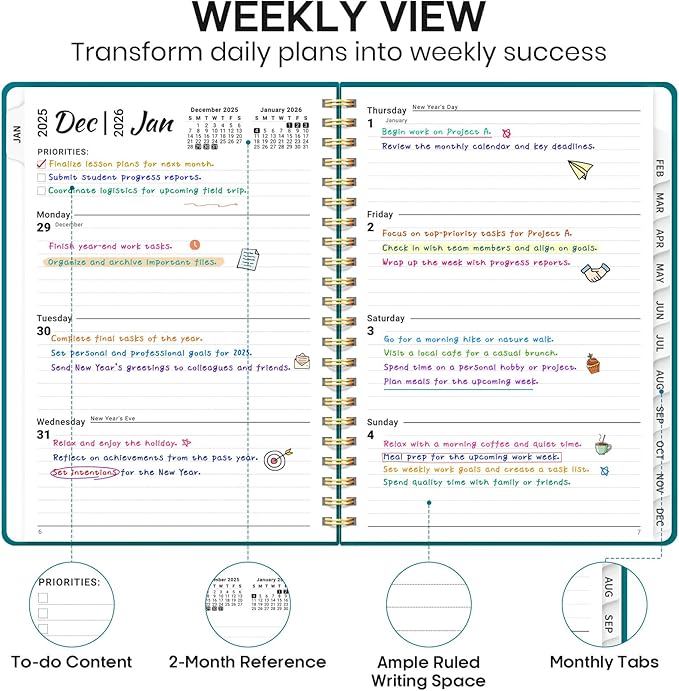 2026 Planner, Weekly and Monthly Calendar Planner Book, January 2026 - December 2026, Hardcover Spiral Planner with Monthly Tabs, Notes Pages, Perfect for Women & Men, A5 (6.4" x 8.5") - Turquoise