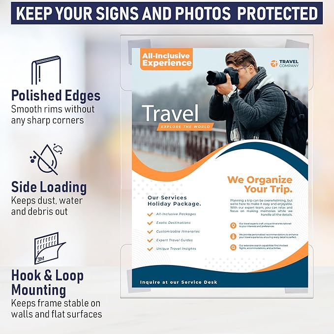 Wall Mount Acrylic Sign Holder - 5 x 7 Inches Portrait or 7 x 5 Inches Landscape Photo Frames with Hook and Loop Adhesive. Perfect for Signs, Menus, Documents, Pictures, Flyers, and More