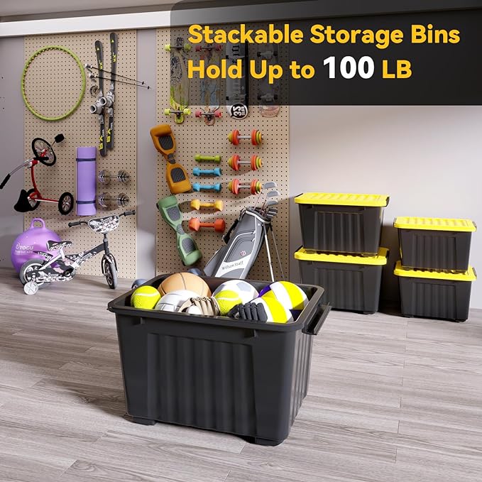 Nazhura 72Quart Plastic Storage Bin, Stackable and Nestable Storage Boxes with White Lids and Secure Latching Buckles, Large Storage Container (Black/Yellow, 72Quart-6Pack)