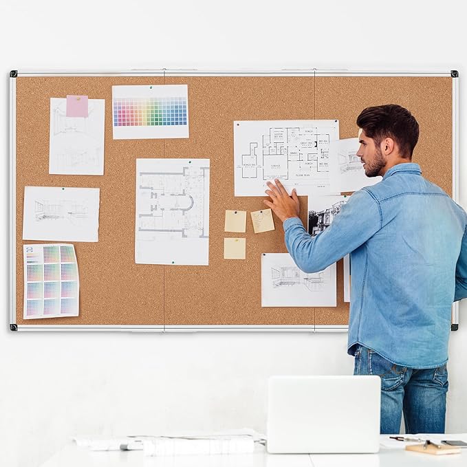 Board2by Extra Large Cork Bulletin Board 96" X 48", Foldable Notice Pin Board for Wall, Silver Aluminum Framed 8'x4' Corkboard, Wall Mounted Noticeboard with 36 Push Pins for School, Home & Office