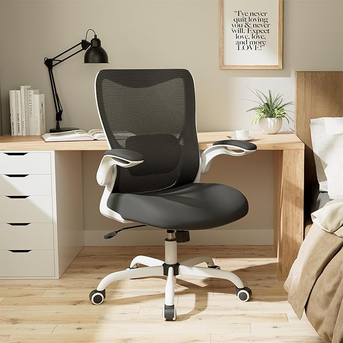 Office Chair, Ergonomic Desk Chair with Adjustable Lumbar Support and Flip up Armrest, Breathable Mesh Computer Chair for Home Office, White