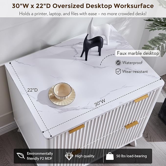 T4TREAM 2 Drawer File Cabinet, 30" Fluted Lateral File Cabinet w/Files Hanging Rod for Letter/Legal/A4, Large Tabletop for Printer, Office Wood Printer Cabinets, White