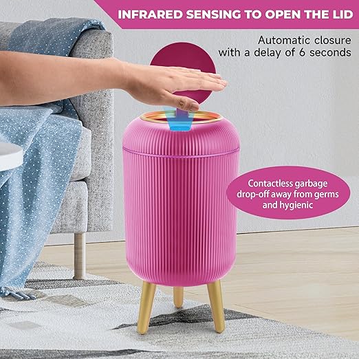 Pukomc Smart Sensor Wastebasket, Convenient and Hygienic Easy to Use, Technology Sensor Waterproof Wastebasket Plastic Trash can for Kitchen, Bathroom, Bedroom, Living Room, Office and Outdoor Pink