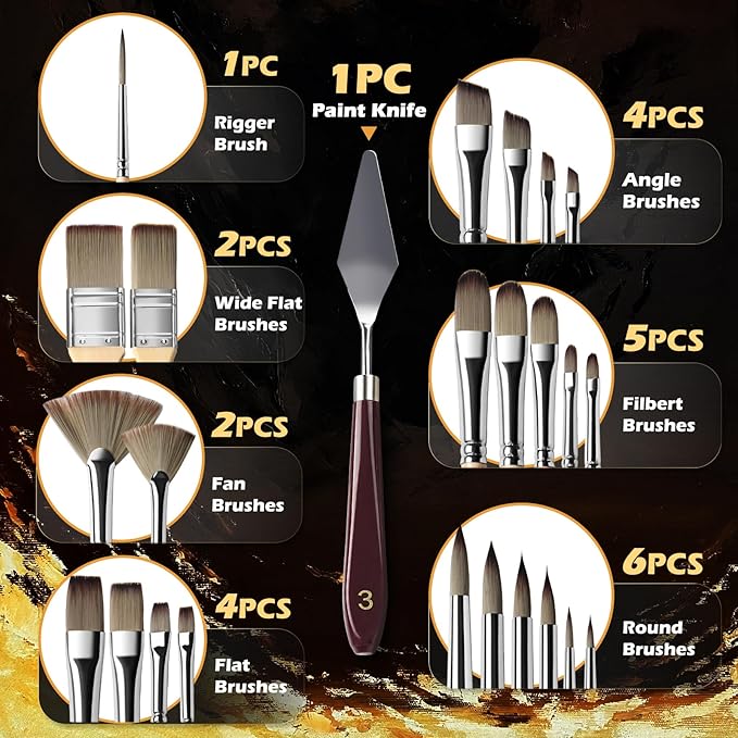 Acrylic Paint Brush Set, Golden Maple 25 PCS Paint Brushes for Acrylic Painting Oil Watercolor & Canvas,Enhanced Synthetic Brush Set with Cloth Roll and Palette Knife