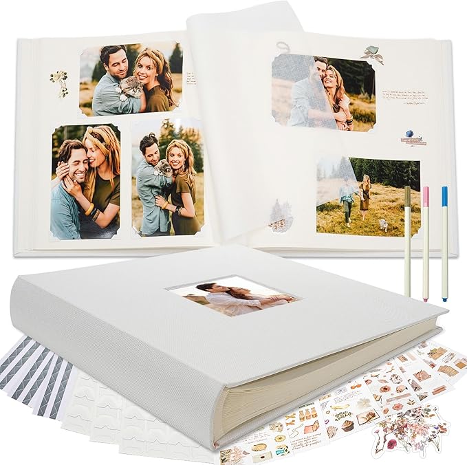 Vienrose Premium Scrapbook Photo Album with Writing Space 12"x12", DIY Scrapbook Album with 100 Pages, Large Photo Book for Baby Family Travel Vacation, White