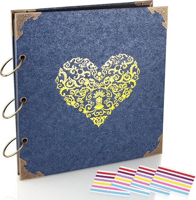 Photo Album DIY Scrapbook (10x10 inch 50 Pages Double Sided) Vintage Hardcover Three-Ring Binder Picture Booth Albums with 6 Colors 408pcs Self Adhesive Photos Corners for Memory Keep (Blue)