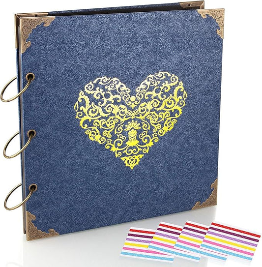 Photo Album DIY Scrapbook (10x10 inch 50 Pages Double Sided) Vintage Hardcover Three-Ring Binder Picture Booth Albums with 6 Colors 408pcs Self Adhesive Photos Corners for Memory Keep (Blue)