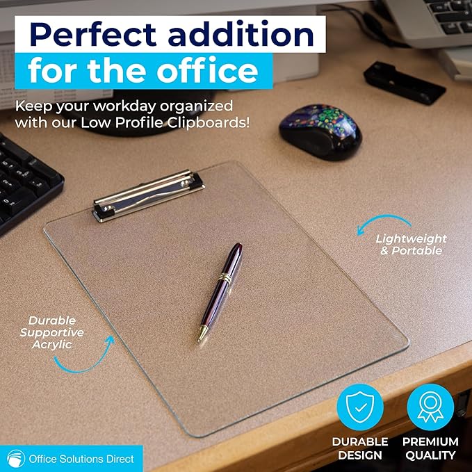 Plastic Clipboards (Set of 12) Transparent Clipboard (Clear) Strong 12.5 x 9 Inch | Holds 100 Sheets! Acrylic Clipboards with Low Profile Clip | Bulk Back to School Supplies for Teachers