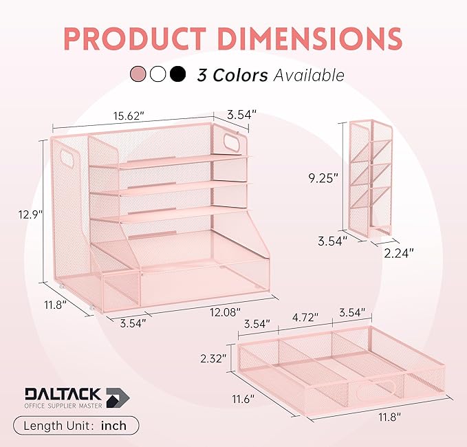DALTACK Mesh Desk Organizer, 5-Tier Paper Letter Tray with File Holder & Pen Holder & Sliding Drawer, Desktop Organizer and Storage for Desk Accessories Office Supplies, Pink