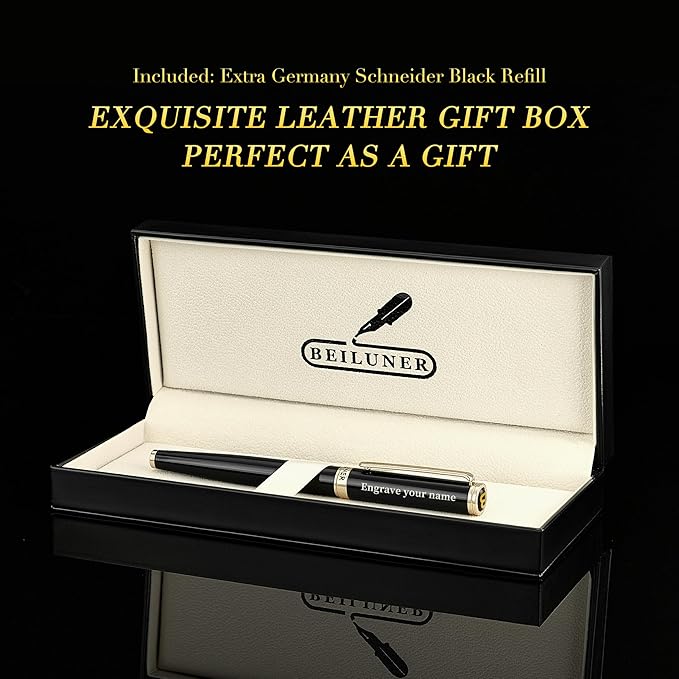 BEILUNER Black Personalized Pen,Stunning Luxury Lacquer With 24K Gold,Schneider Ink Refills,Multiple Fonts To Custom Rollerball,Gift Pen For Men & Women,Executive,Graduation,Christmas,Nice Pens