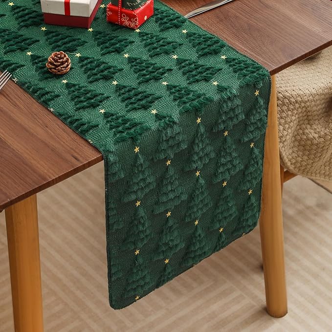 Christmas Table Runner 13x108 Inch, Xmas Trees Star Winter Holiday Decorative Farmhouse Table Decorations for Kitchen Dinning, Indoor Outdoor Dinner Party Decor (Green)