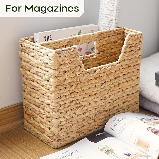 Wicker Magazine Basket, Handwoven Water Hyacinth Storage Bin & Organizer for Files, Books, Newspapers, Documents, Decorative Storage Bin with Handle for Office, Living Room, Dorm, Bathroom