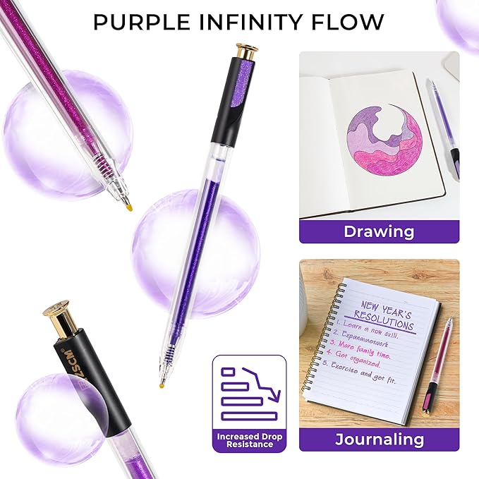 Retractable Glitter Gel Pens, 12 Colors Large Capacity Purple Glitter Metallic Gel Ink Pens, 1 mm Fine Point Smooth Writing Color Pens for Adult Coloring Book Note Taking Aesthetic Art Supplies