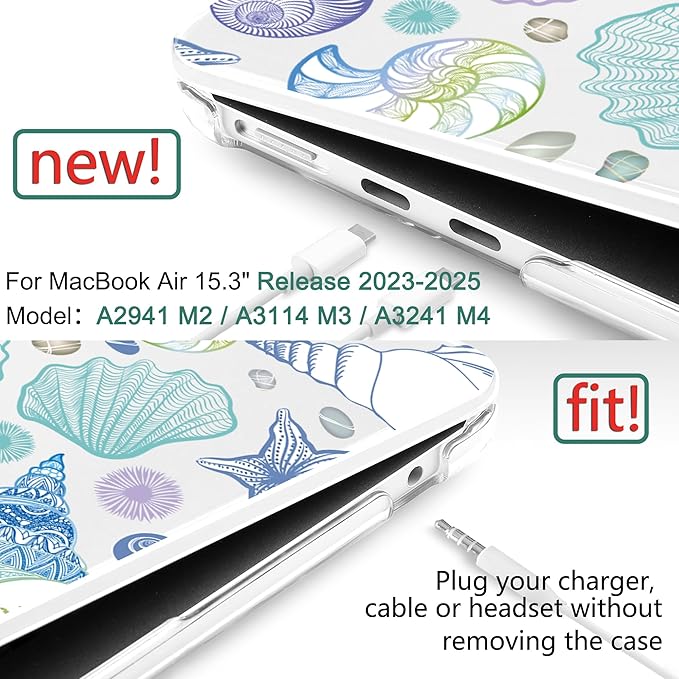 DONGKE Compatible with M4 MacBook Air 15 inch Case 2025-2023 A3241 A3114 A2941 M3 M2 Retina Display Touch ID, Plastic Hard Case & Keyboard Skin for MacBook Air 15" - Sea Shells