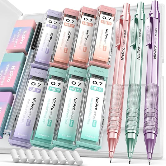 Nicpro 0.7 mm Metal Mechanical Pencil Set, 3PCS MP1000 Artist Lead Pencils With 480PCS HB 2B Lead Refills, Erasers, Pastel Aesthetic Mechanical Pencils for School Supplies Writing Drawing Sketching