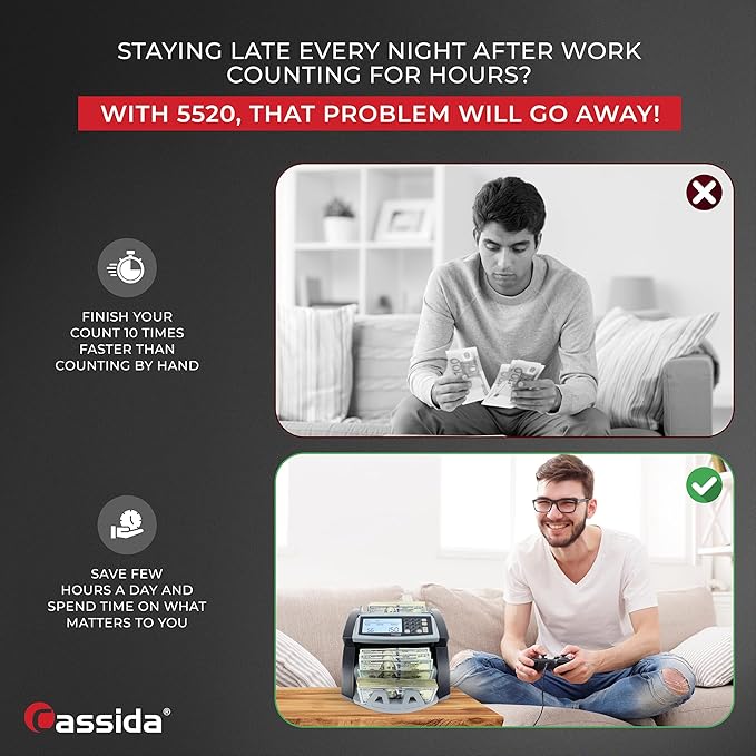 Cassida 5520 UV/MG - USA Money Counter with ValuCount, UV/MG/IR Counterfeit Detection, Add and Batch Modes - Large LCD Display & Fast Counting Speed 1,300 Notes/Minute