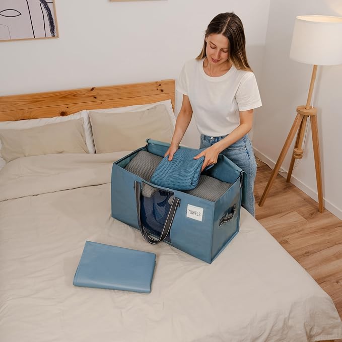 VENO 6 Pack Moving Bags, Comforter and Blanket Storage Bags for Closet, Moving Boxes, Boxes with Lids Alternative, College Dorm Packing Supplies, Foldable Heavy-Duty Tote (Shiny Light Blue, 6 Pack)