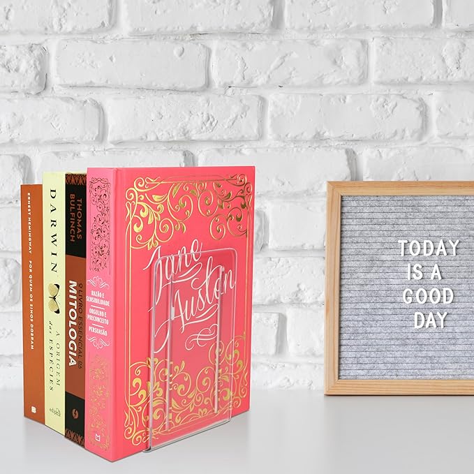 Acrimet Bookends 1 Pair, Clear Plastic Bookends for Shelves or Desktop, Book Holder for Home, Office, Library, School (Clear Crystal Color)