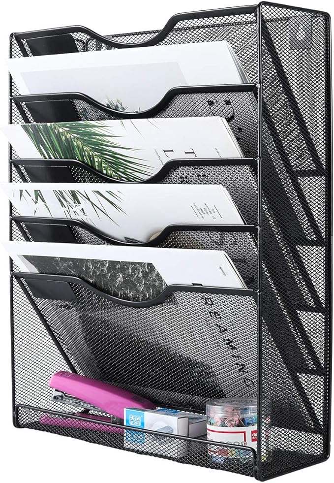 EasyPAG 5-Tier Wall File Holder, Mesh Hanging Folder Organizer with Classify Label, Versatile Desk File Organizer for Office Home, Space-Saving Vertical Wall Mounted Mail Paper Sorter, Black