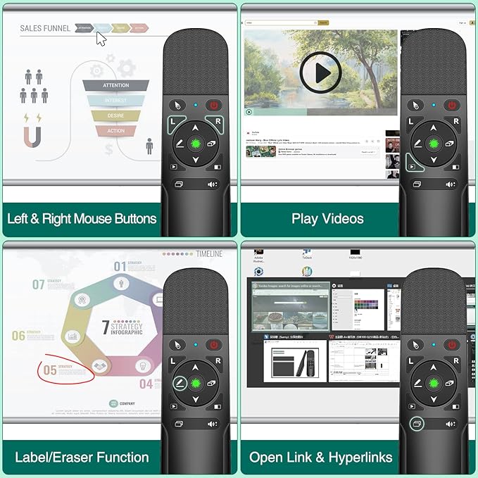Presentation Clicker Green Laser Pointer with Air Mouse Function, Wireless Presenter Clicker RF 2.4GHz USB Presenter Control PowerPoint Presentation Clicker for Mac, Laptop, Computer