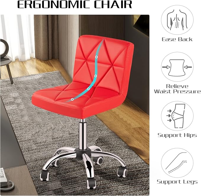 COSVALVE Armless Desk Chair, Mid Back Swivel Office Chair, Adjustable Task Chair with Rolling Wheels and Diamond Pattern, for Home Computer Barber, Red
