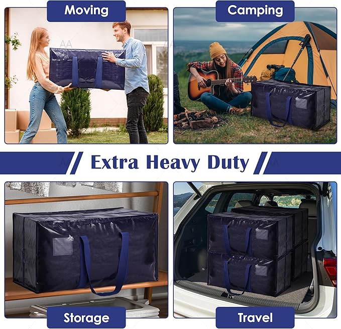 6 Pack Extra Large Heavy Duty Moving Bags with Reinforced Zipper & Wide Handles, Moisture-Resistant Storage Bins Packing Cubes for Clothes, College Dorm, Travel, and Home Organization, Dark Blue