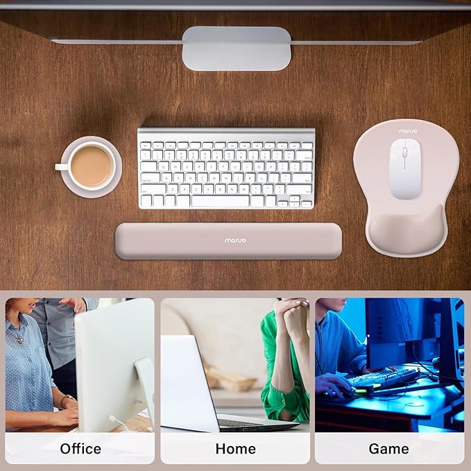 MOSISO Wrist Rest Support for Mouse Pad&Keyboard Set, Ergonomic Mousepad with Concave Curved Memory Foam, Non-Slip Base Pain Relief Comfortable Rectangular Easy Typing Pad for Home/Office, Apricot