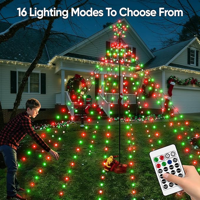 Christmas Lights Tree 340LED with Topper Star, IP67 Waterproof Remote Control Waterfall Lights with Pole, 16 Modes 3 Timers Dimmable Christmas Decorations for Outdoor Yard (Red&Green)