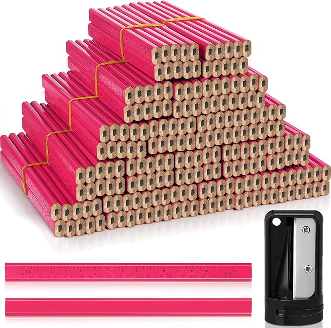 Honoson 200 Pcs Flat Construction Pencils with Printed Ruler Wood Graphite 2 Pcs Carpenter Pencil Sharpener for Woodworking Marking Tool(Pink)