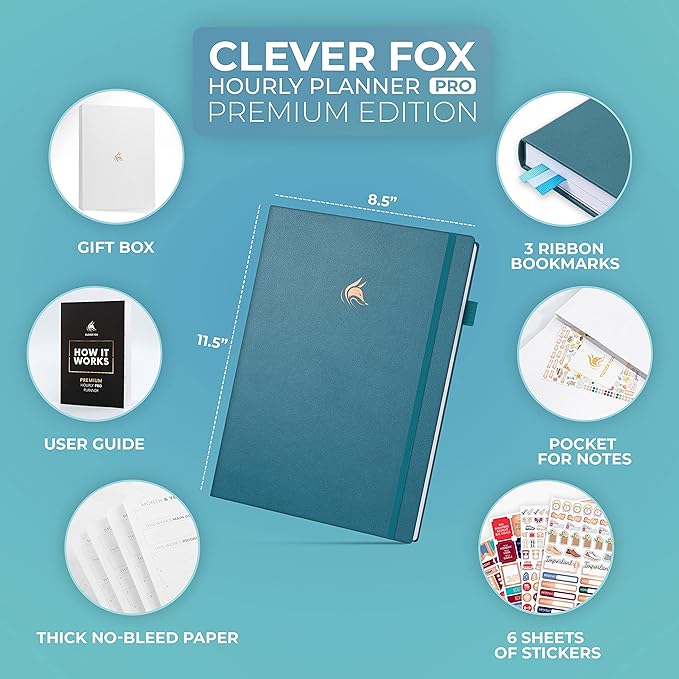 Clever Fox Hourly Planner PRO Premium – Undated Schedule Planner with Daily Time Slots – Personal Organizer Notebook for Time Management – Weekly & Monthly Life Journal, A4 size (Teal)