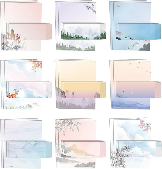 Better Office Products Japanese Watercolor Stationery Paper Set, 100 Piece Set (50 Sheets + 50 Matching Envelopes), Letter Size 8.5 x 11 inch, 9 Designs, Double Sided Printing Paper,