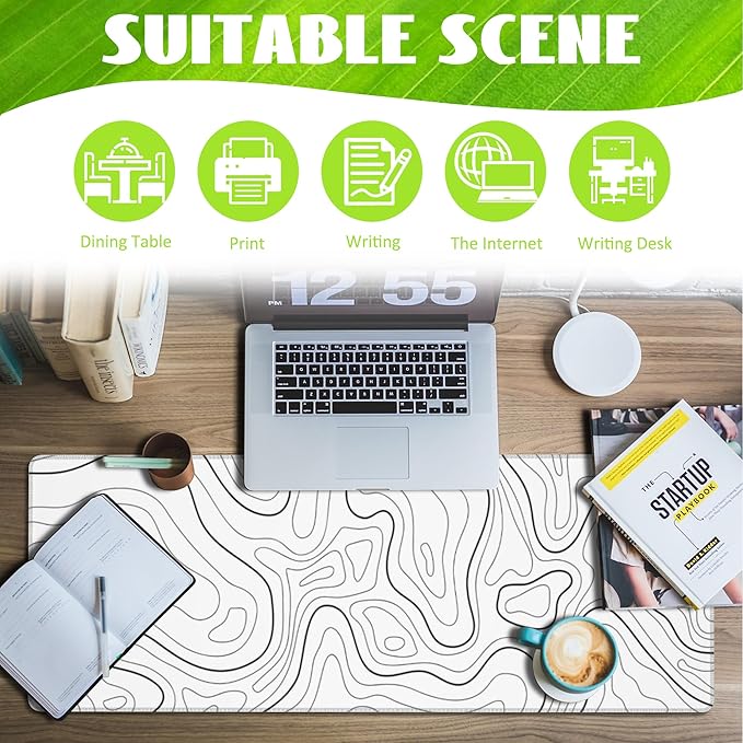 Desk Mat,White Topographic Contour Map Desk Pad,Topographic Contour Large Gaming Mouse Pad for Desk,Extended Big Computer Keyboard Mouse Pad with Non-Slip Base and Stitched Edge,31.5"x11.8"