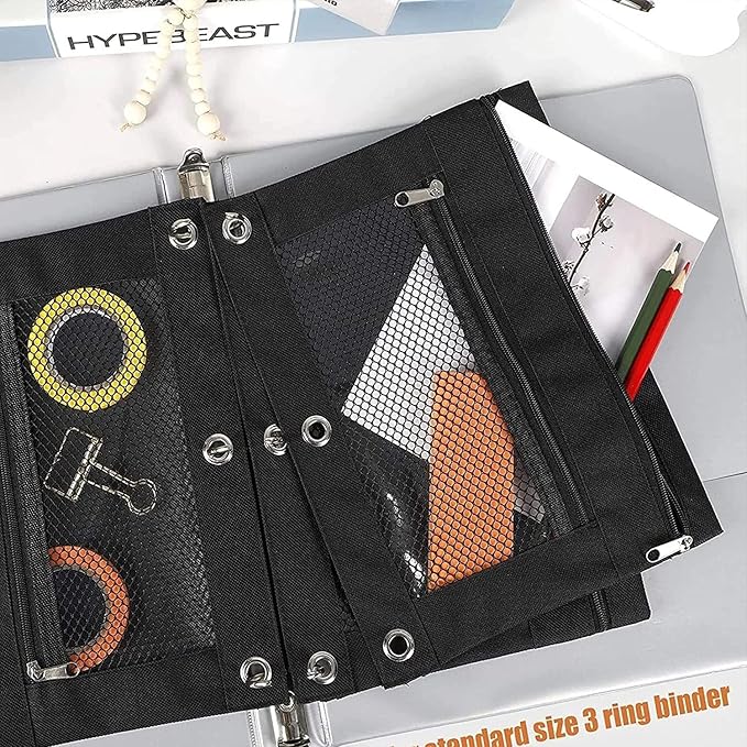 Pencil Pouch, 3 Ring Binder Pencil Bag with Large Capacity, Zipper Pulls Double Pockets Pencil Case with 3 Binder Hole and Mesh Window (Light Blue and Green)