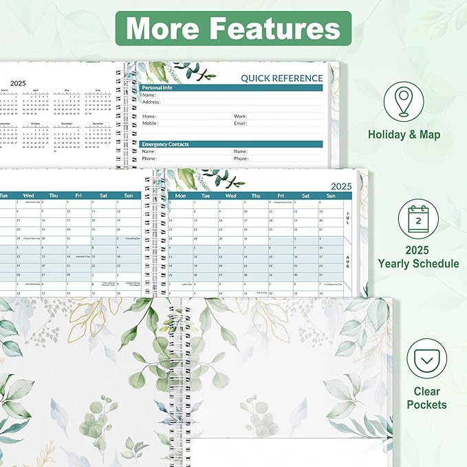 SUNEE 2026 Weekly and Monthly Planner - from January 2026 - December 2026, 8.5"x11" Daily Agenda Planner with Monthly Tab, Flexible Cover, Note Pages, Pockets, Bookmark, Spiral Binding, Eucalyptus
