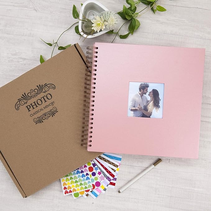 12 x 12 Inch Large DIY Scrapbook Photo Album with Window Design Cover 80 Pages Craft Paper Memory Book for Weeding Anniversary Travel and Baby (Pink)