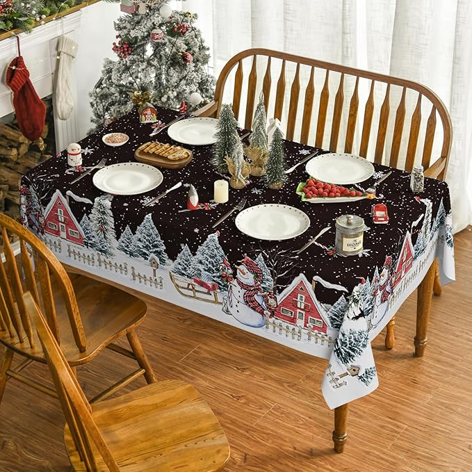 Horaldaily Christmas Tablecloth 60×60 Inch Square, Winter Snowman House Christmas Trees Black Washable Table Cover for Party Picnic Dinner Decor