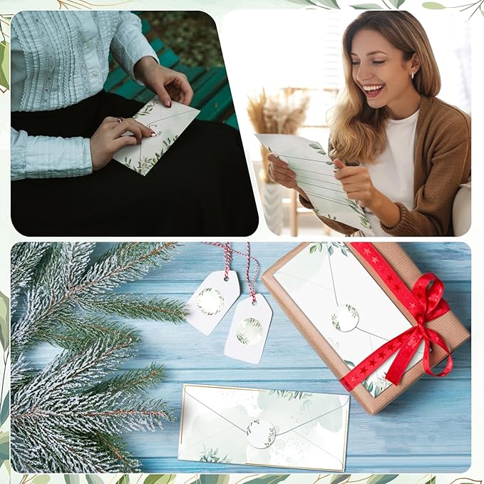 TaoBary 160 Pcs Stationery Paper Set 50 Double Sided Stationery Papers with 50 Matching Envelopes and 60 Round Dot Sticker, 10 Design(Green Leaves,8.5 x 11 Inch)