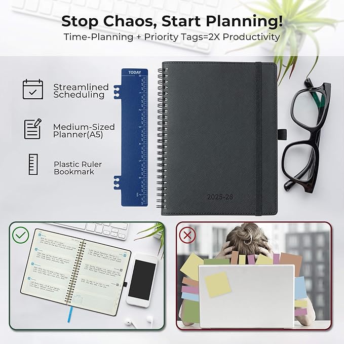 Planner 2025-2026 Daily Weekly and Monthly,8.5"x6.5",18 Months Spiral Bound Calendar Agenda with Self-adhesive Pen Holder,2026 Academic Plan with Vegan Leather Soft Cover,Black