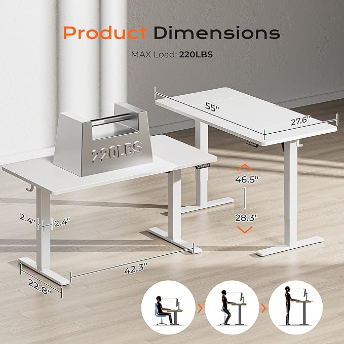 Huuger 55 x 28 Large Electric Standing Desk, Height Adjustable Copmuter Desk, 27.6" Deep Desktop, Stand up Gaming Office Table with 2 Hooks, 3 Preset Heights, for Home Office, White