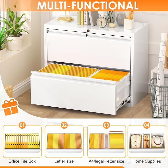 INTERGREAT 2 Drawer Lateral File Cabinet, White Office Filing Cabinet with Lock, 28" W Steel Wide Filing Organization Storage Drawers,Horizontal File Cabinets for Home Office,Letter/Legal/F4/A4