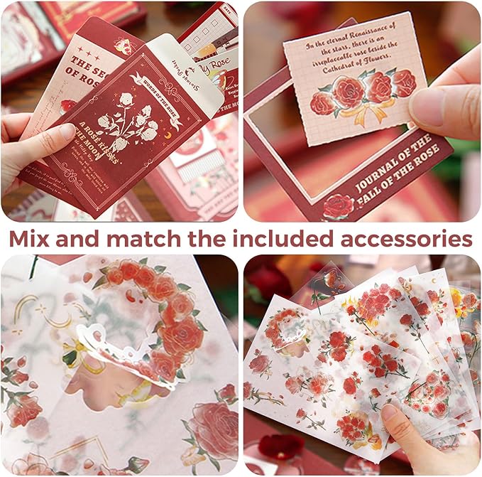 Funto Scrapbooking Kit(123 PCS), Vintage Collection-Rose Whisper, Perfect for Bullet Scrapbooking Materials, Planner DIY Arts Craft Collage