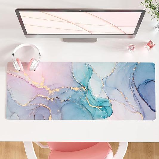 QiyI Large Mouse Pad, PU Leather Desk Mat for Desktop, Waterproof Gaming Pad, Marble Full Desk Accessories Keyboard Mousepad, Abstract Art Home Office Décor 31.5" x 11.8" - Blue Pink Fluid