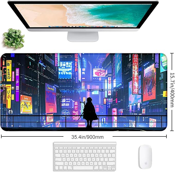 Tokyo Street Cute Large Gaming Mouse Pad, Purple Blue Anime City XXL, 35.4L x 15.7W inches, Fabric, Polyvinyl Chloride, Office Products