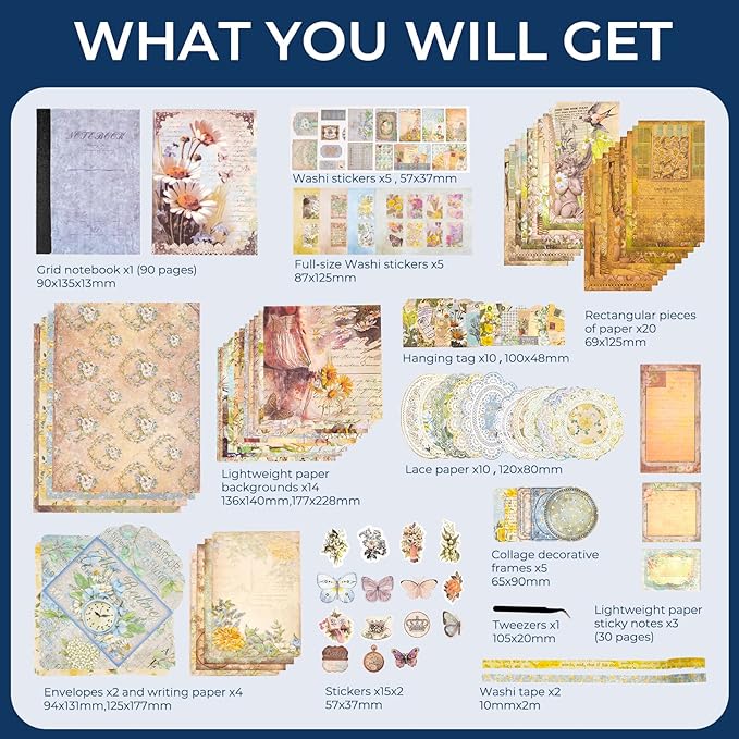 Funto Scrapbooking Kit (202 PCS), Vintage Collection-Wonderland, Perfect for Bullet Scrapbooking Materials, Planner DIY Arts Craft Collage